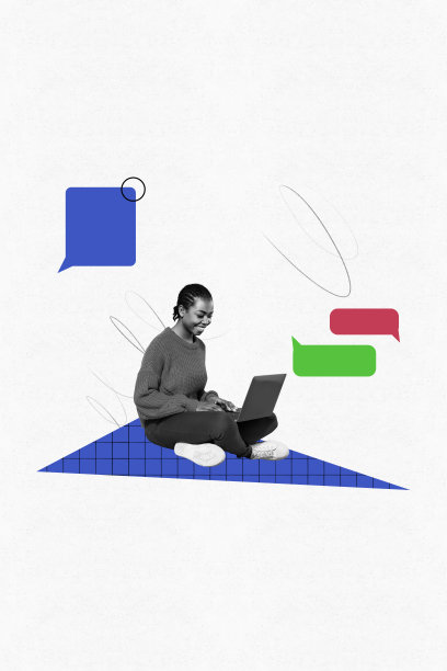 独特的垂直照片拼贴，展示快乐的美国女孩与笔记本电脑沟通的彩色对话气泡图片下载