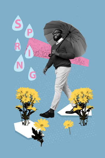 快乐的美国男子在春天的雨storm中撑着伞，背景是盛开的菊花灌木的竖版照片拼贴艺术图。图片下载