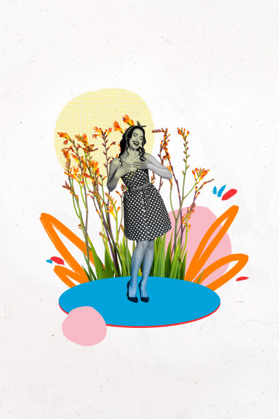 年轻女性穿着复古风格的裙子微笑，摆姿势，周围有百合花，春季假日植物自然的复合3D照片拼贴设计趋势草图图片下载