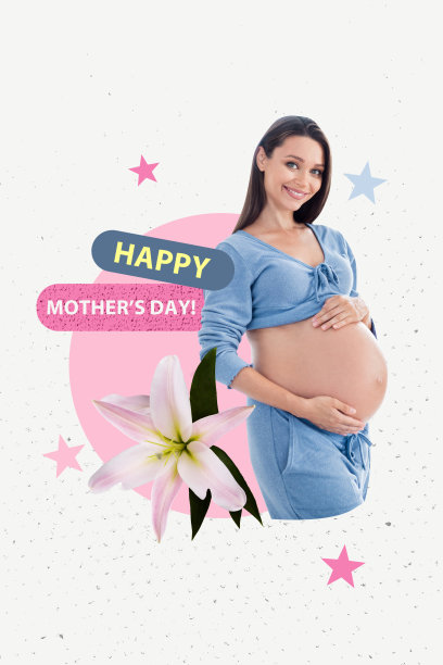 国际母亲节感恩的模板艺术作品，3D照片拼贴，年轻女性微笑着站立，手握腹部，期待孩子的到来。图片下载
