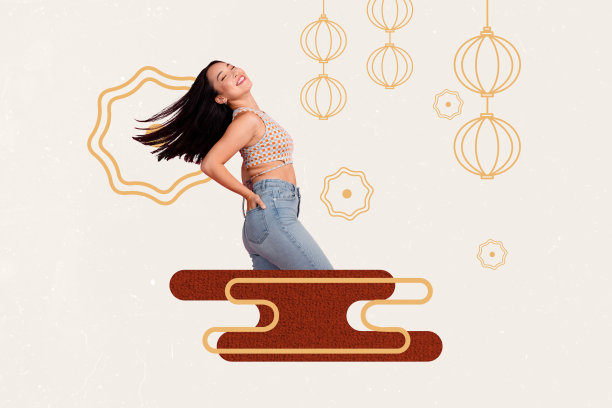 3D照片拼贴模板趋势艺术作品草图，传统文化灯具装饰纹理元素图案，微笑的年轻女性模特摆姿势图片下载