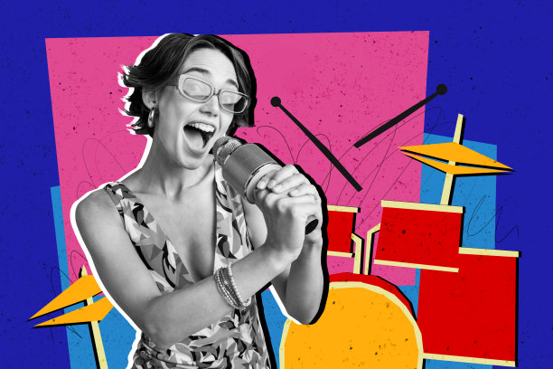 快乐的嬉皮女孩在涂鸦背景下用麦克风唱歌，乐器乐队音乐会的合成照片拼贴图片下载
