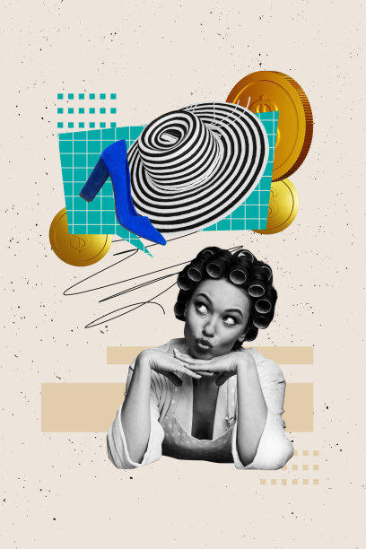 海报图像：垂直照片拼贴，快乐的复古家庭主妇女孩，撅嘴，硬币收入，梦想帽子，购物，高跟鞋，优惠。图片下载