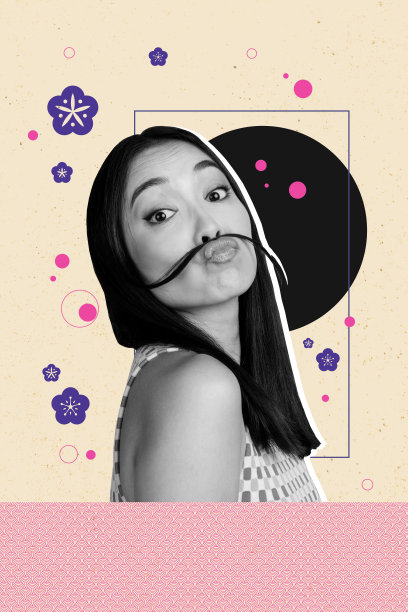 艺术图像，竖版照片拼贴，搞笑的亚洲女孩撅嘴，玩弄头发，做鬼脸，樱花绽放，背景为日本装饰。图片下载