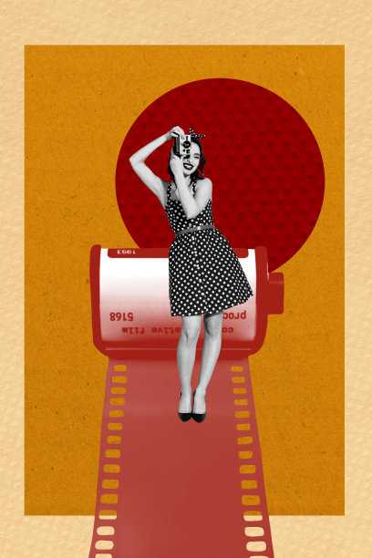 时尚艺术横幅素描照片拼贴，年轻女士穿着复古风格的裙子，站着手持相机，捕捉摄影爱好的内容。图片下载