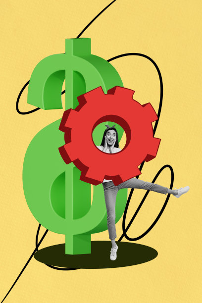 独特的垂直照片拼贴，兴奋的女商人窥视着美元符号、齿轮、优化、金钱、利润和成功。图片下载