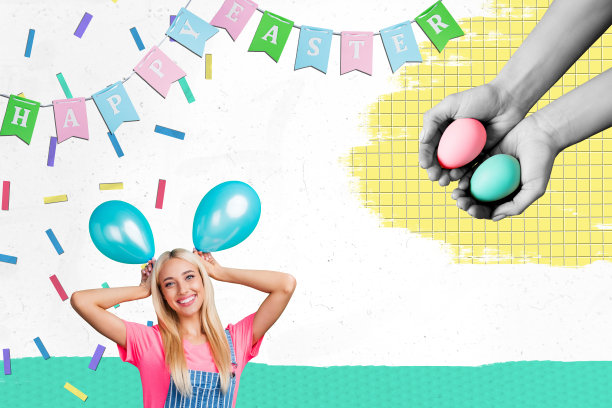 年轻女士微笑着在户外阳光下手持鸡蛋，复活节兔子，四月复活节假期春季盛宴的3D照片拼贴设计。图片下载
