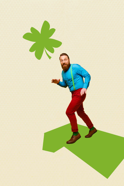 全3D照片拼贴，快乐的红发男孩在圣帕特里克节庆祝活动中跳舞，主题为三叶草，爱尔兰节日气氛。图片下载