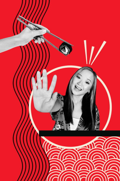 亚洲文化设计图案纹理的趋势素描3D照片拼贴，年轻女士手持筷子，寿司快餐卷，厨房晚餐。图片下载