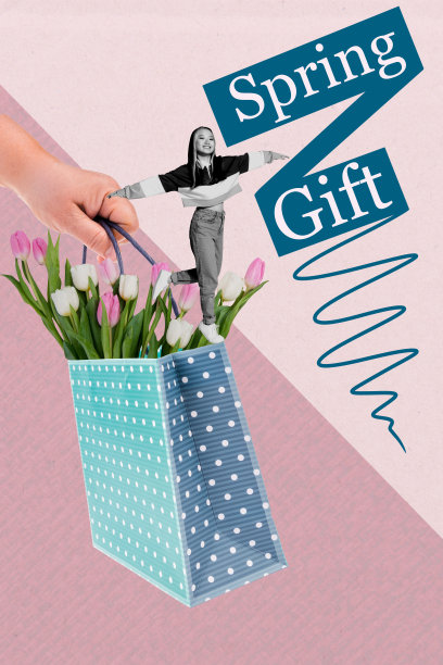 模板海报趋势艺术作品 3D 照片拼贴 大手握包 春季礼物 郁金香花束 年轻女性站立 盛开植物假日图片下载