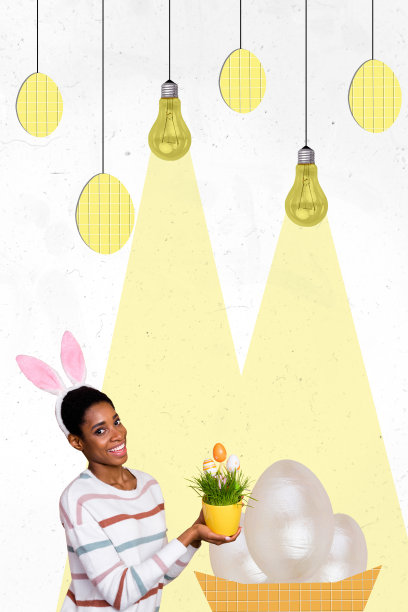 快乐的美国女孩手持植物盆栽、复活节彩蛋、珍珠灯泡，营造出逾越节的氛围，背景为涂鸦风格的画面，呈现出竖版照片拼贴。图片下载