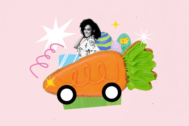 创意照片拼贴，年轻快乐的女性，胡萝卜蔬菜，汽车，超现实主义，丰收，复活节彩蛋，绘画背景图片下载