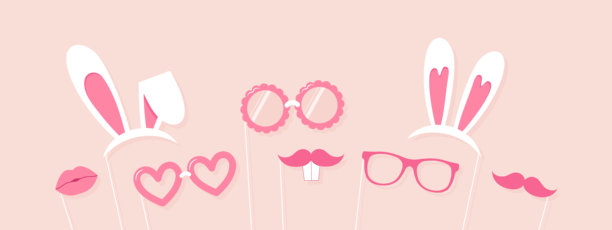复活节假期照片道具，兔耳朵，胡须，太阳镜和嘴唇，粉色和白色的矢量设计元素图片下载