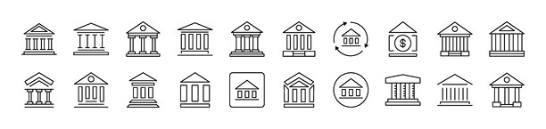 银行建筑图片合集。可编辑的线条。非常适合信息图表、文章、书籍、传单、横幅。图片下载