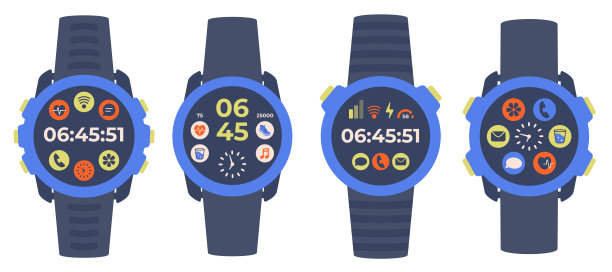 一组孤立的智能手表图标。现代黑色表带手表。圆形智能手表俯视图。带有应用图标的数字手表。矢量插图。图片下载