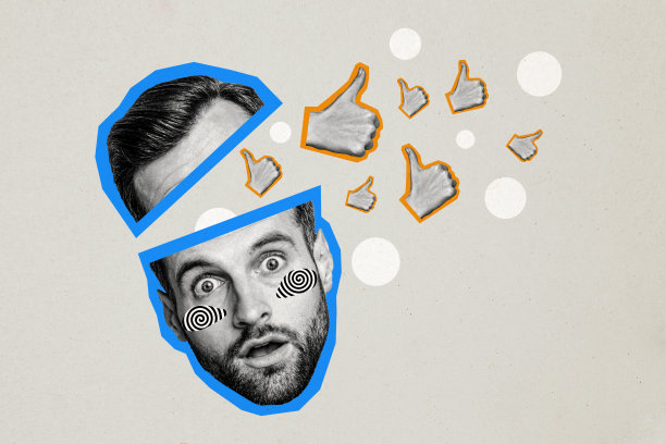 惊讶的男子剪影合成照片拼贴，头部被切割，收到一堆点赞，流行博客概念，背景为涂鸦风格。图片下载