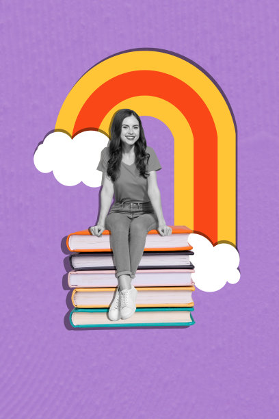 快乐女孩坐在书堆上，形成垂直照片拼贴，色彩斑斓的彩虹象征着想象力，书虫教育学生，背景为涂鸦风格。图片下载