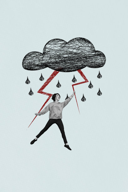 蓝色背景的年轻女士在户外跳跃，手中握着照片拼贴艺术作品，周围是恶劣天气、雨云和旋风。图片下载