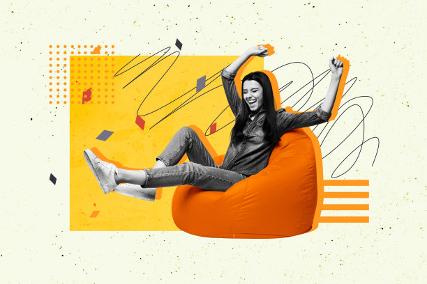快乐女孩坐在橙色豆袋椅上，舞动庆祝生日派对的拼贴照片，享受五彩纸屑的场合，背景为涂鸦风格。图片下载