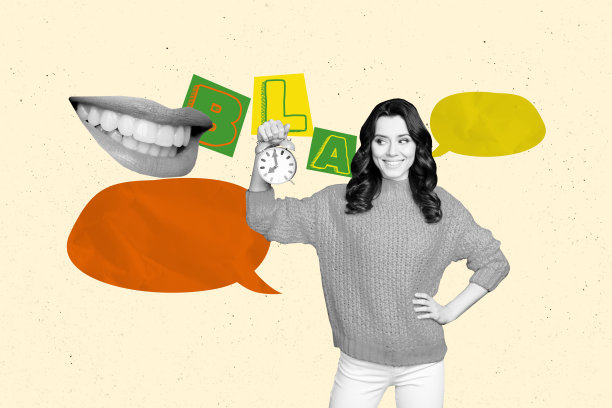 快乐女孩手持闹钟，嘴角带笑，文字框内写着“bla bla”交流，背景为涂鸦风格的合成照片拼贴。图片下载