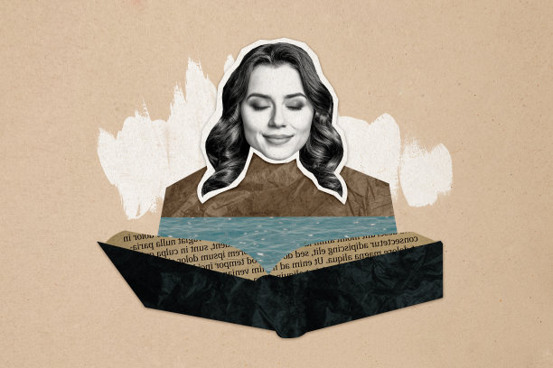 快乐、平静的女孩手持书本，享受阅读童话，沉浸在梦想爱好中的拼贴照片，背景为涂鸦风格。图片下载