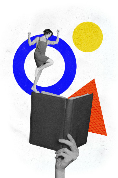 黑白色年轻手臂抱着一本巨大的书，学生女孩在大学里奔跑的3D照片拼贴艺术作品图片下载