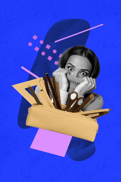 害怕的女孩藏在套头衫领口里的铅笔盒和学校用品的竖版照片拼贴，背景为涂鸦风格。图片下载