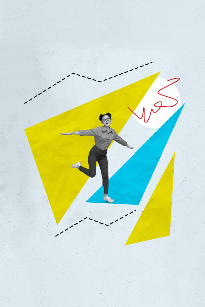 趋势艺术作品合成素描照片拼贴，几何元素工作空间，箭头方向，高挑年轻女性奔跑，飞机姿势，双手张开。图片下载