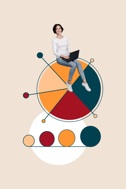 兴奋的女商人在办公室坐着，手持MacBook，周围是统计图表的垂直照片拼贴，背景为涂鸦风格。图片下载