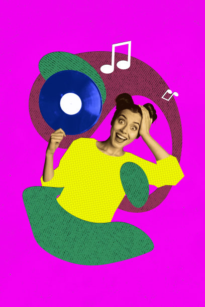 兴奋惊讶的女孩手持黑胶唱片，复古派对音乐音符旋律周末的竖版照片拼贴，背景为涂鸦风格。图片下载