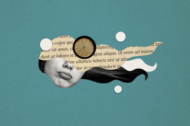 忧伤女孩半张脸的拼贴照片，清晨闹钟的日常，棕色头发，时间管理者，孤立在涂鸦背景上。图片下载