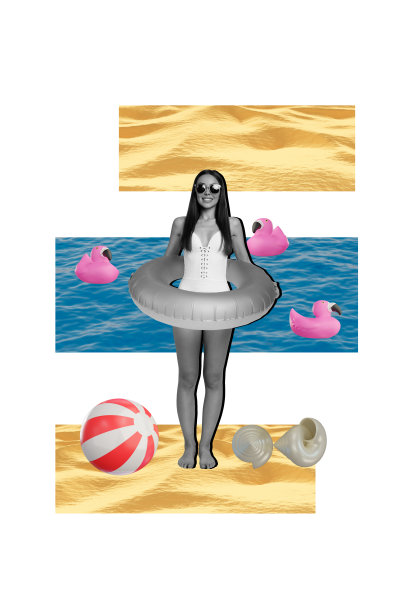 快乐女孩在海滩上站立，穿着救生圈，手持充气球和火烈鸟玩具，海螺孤立在涂鸦背景上的竖版照片拼贴。图片下载