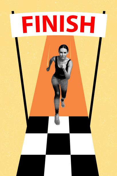 年轻强壮的女运动员在马拉松终点线冲刺，举起冠军旗帜的竖版照片拼贴，背景为米色。图片下载