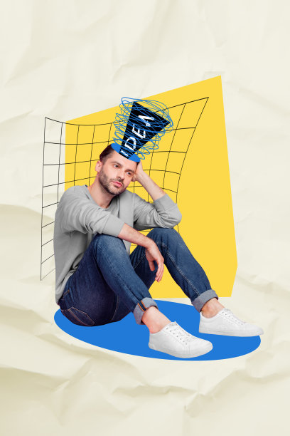 趋势艺术作品素描图像合成照片拼贴，表现一个情绪低落、疲惫的男人坐在半边头部的灯光下，思考工作解决方案的想法。图片下载