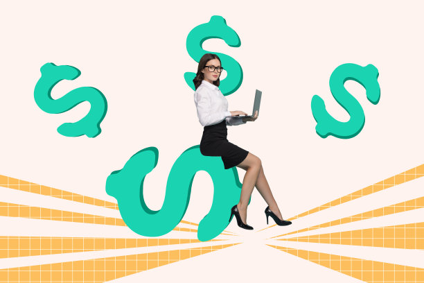 年轻吸引人的女性办公室经理坐在美元符号旁，使用笔记本电脑打字的艺术照片拼贴画。图片下载