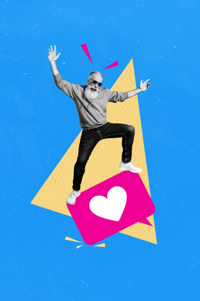 趋势艺术作品合成素描 3D 照片拼贴，老年人，胡须，嬉皮士，平衡在心形图标上，像是反馈关注应用网站图片下载
