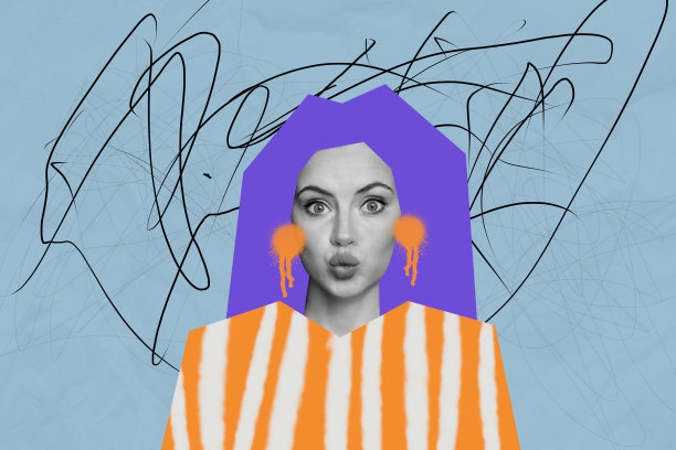 搞笑女孩穿着紫色假发，吹嘴唇，橙色腮红，发型护理疗法，背景为涂鸦风格的合成照片拼贴。图片下载