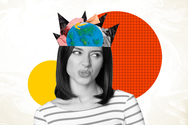 不满女孩的拼贴照片，头部被剪切，地球环境垃圾损害污染生态问题，孤立在涂鸦背景上。图片下载