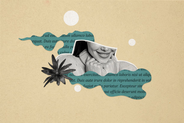 快乐微笑女孩的半边脸，穿着舒适温暖的毛衣，野花盛开，春季背景的拼贴照片。图片下载