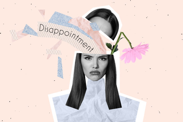 不满女孩的拼贴照片，头部被剪掉，手持枯萎的菊花，糟糕的假期，背景为涂鸦风格。图片下载