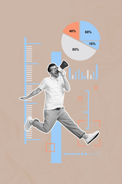 趋势艺术作品合成素描图像 3D 照片拼贴，米色背景轮廓年轻人手持扬声器，图表统计百分比图片下载