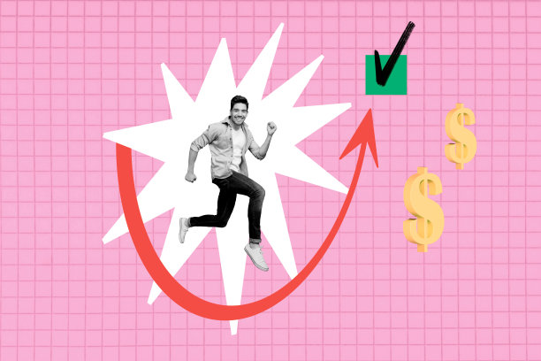 年轻快乐的男人奔跑，追求目标、志向和动机，象征着金钱和收入的拼贴照片图片下载