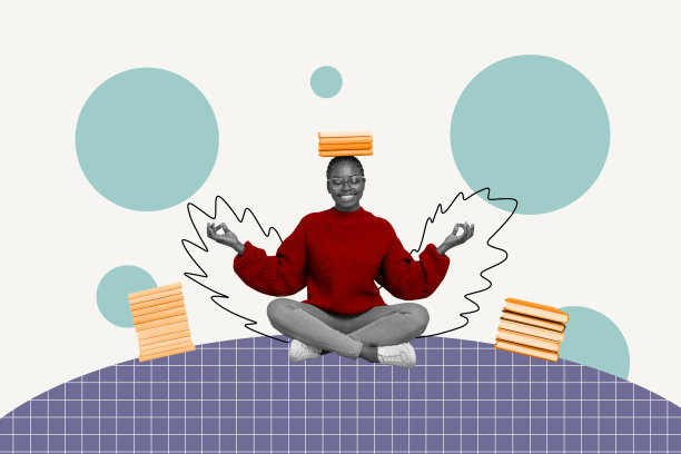 放松专注的女孩坐着练习瑜伽的艺术拼贴图，背景为手绘风格。图片下载