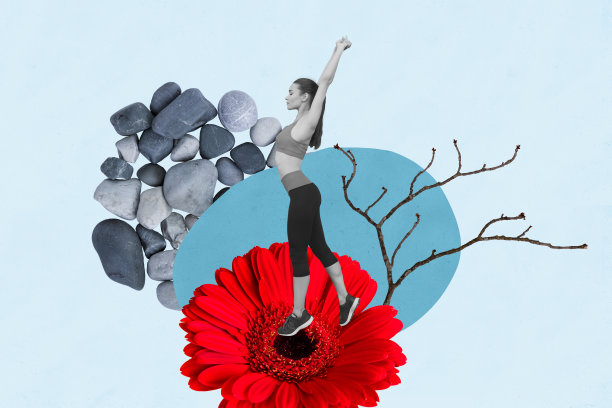 迷你黑白色女孩在创意背景上伸展的拼贴画图片图片下载