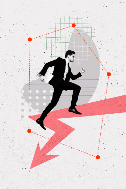 严肃商人手持MacBook设备的垂直照片拼贴，箭头向下，象征失败和衰退，背景为涂鸦风格。图片下载