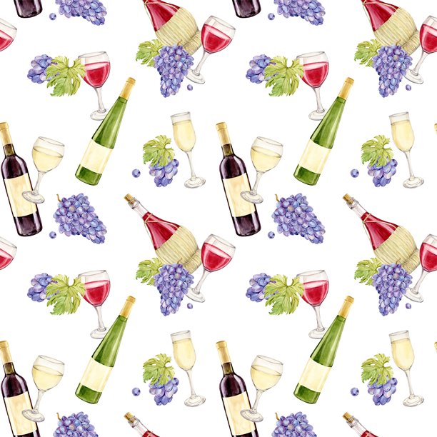 无缝图案，包含葡萄酒瓶和紫丁香浆果。红酒和白酒在酒杯和酒瓶中。水彩插图，适用于酒单、包装、纺织品，非常适合手工酿酒厂。图片下载