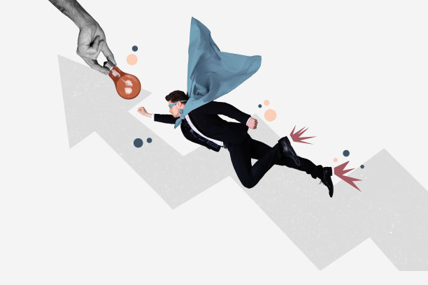 严肃商人穿着超级英雄斗篷和面具，飞翔在灯泡创意概念解决方案的合成照片拼贴，背景为涂鸦风格。图片下载