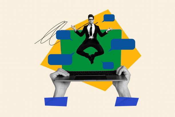 严肃冷静的男子在涂鸦背景下跳跃，使用MacBook键盘进行瑜伽冥想，处理工作负载和短信的拼贴照片。图片下载