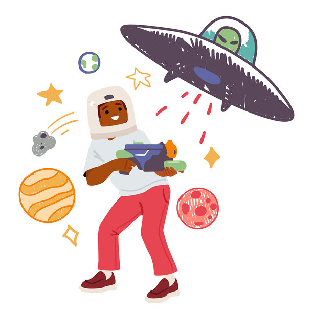 小男孩卡通角色拿着宇宙枪在飞碟内与外星人战斗图片下载