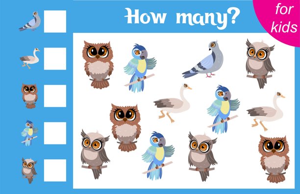 儿童计数游戏。猫头鹰、鹦鹉、鸽子和鹅。动物园。图片中有多少只动物。儿童计算练习。学前班工作表。可打印。图片下载